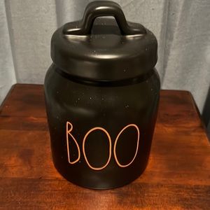 Rae Dunn Halloween baby BOO canister jar NWOT Black w/ Orange incised lettering